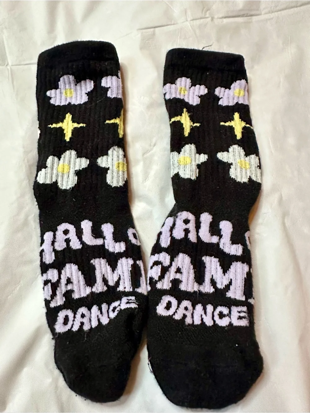 Hall of Fame Dance Competition Black Floral Graphic Crew Socks with LavenderText